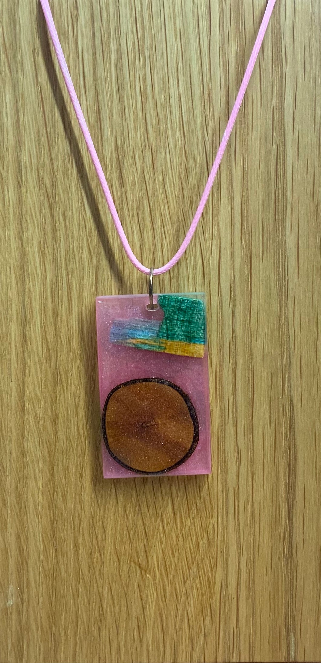 Rectangular Pink Resin & Mixed Wood Necklace