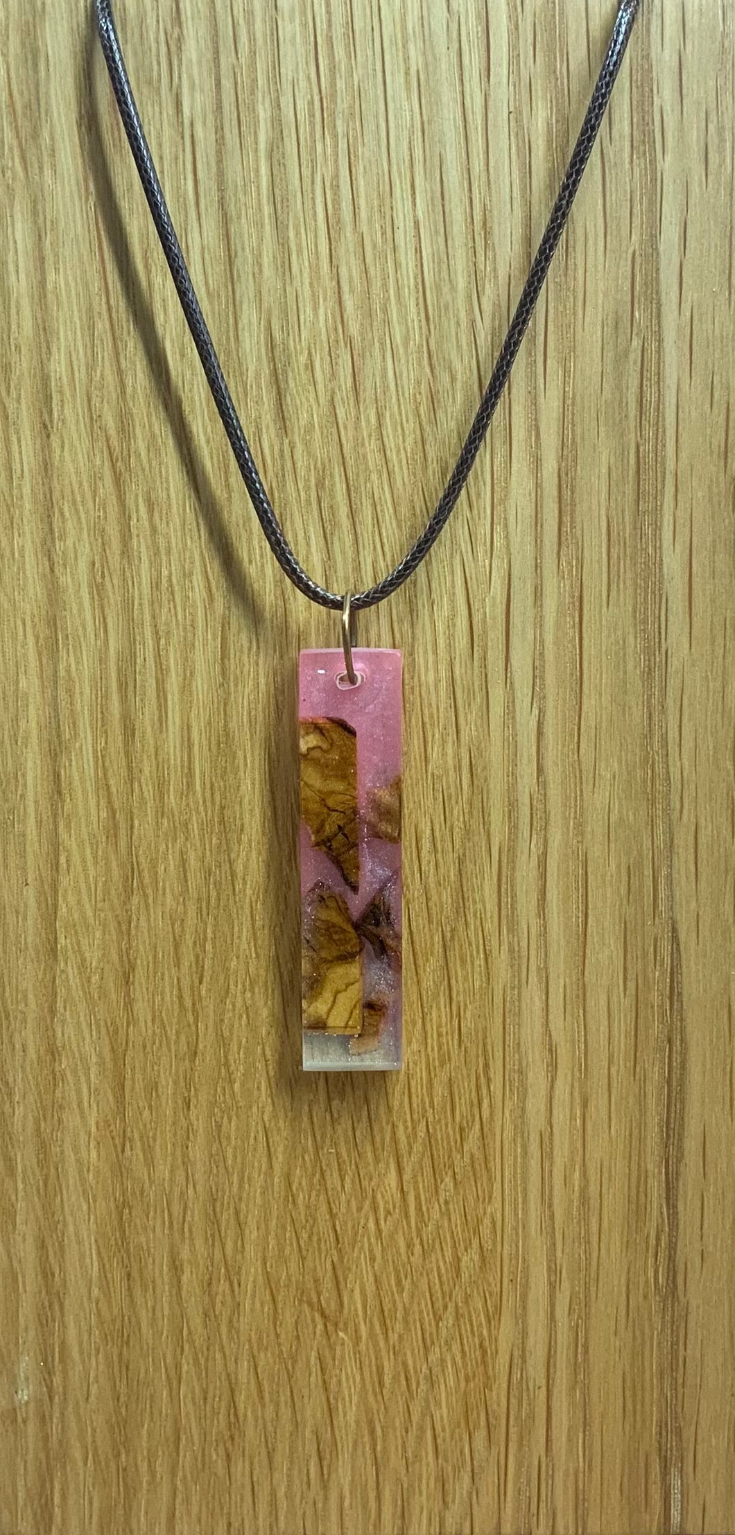 Rectangular Pink Resin & Dark Wood Thin Necklace