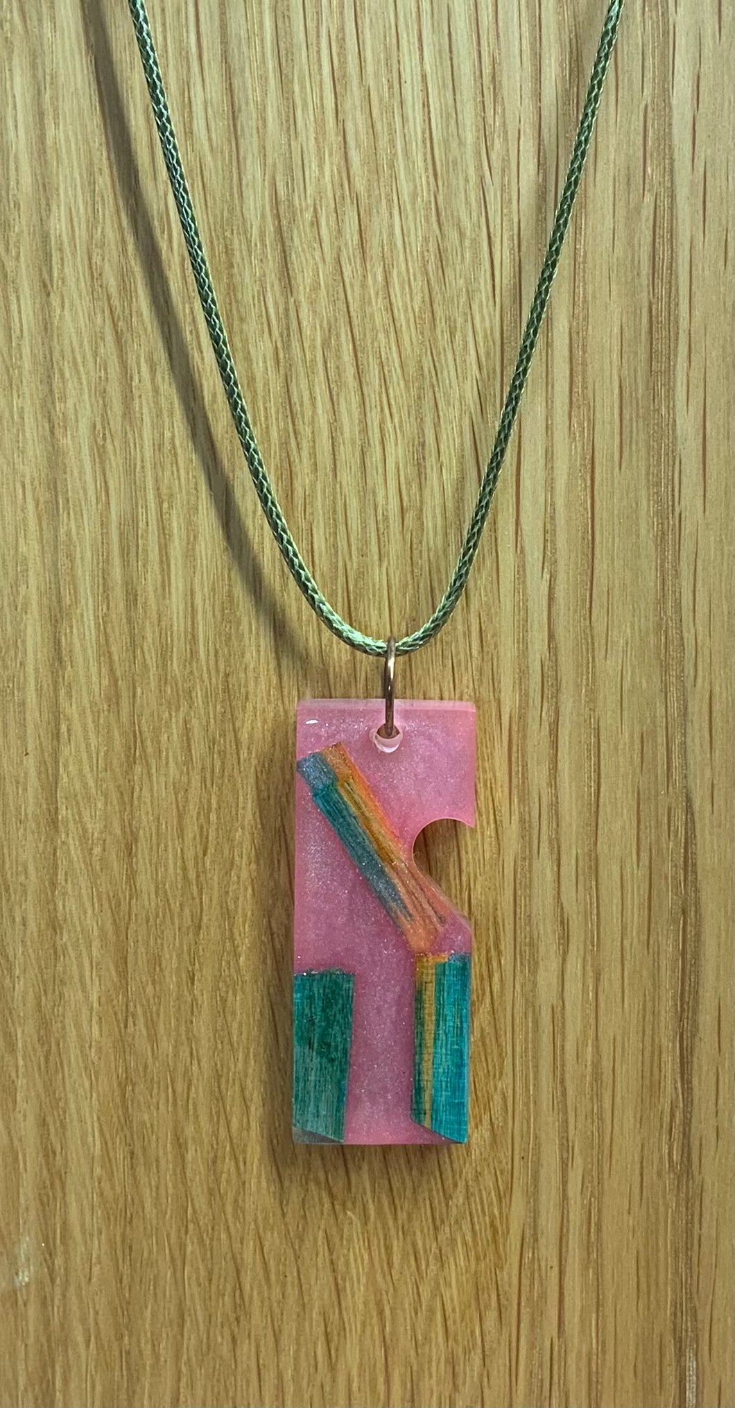 Rectangular Pink Resin & Coloured Wood Necklace