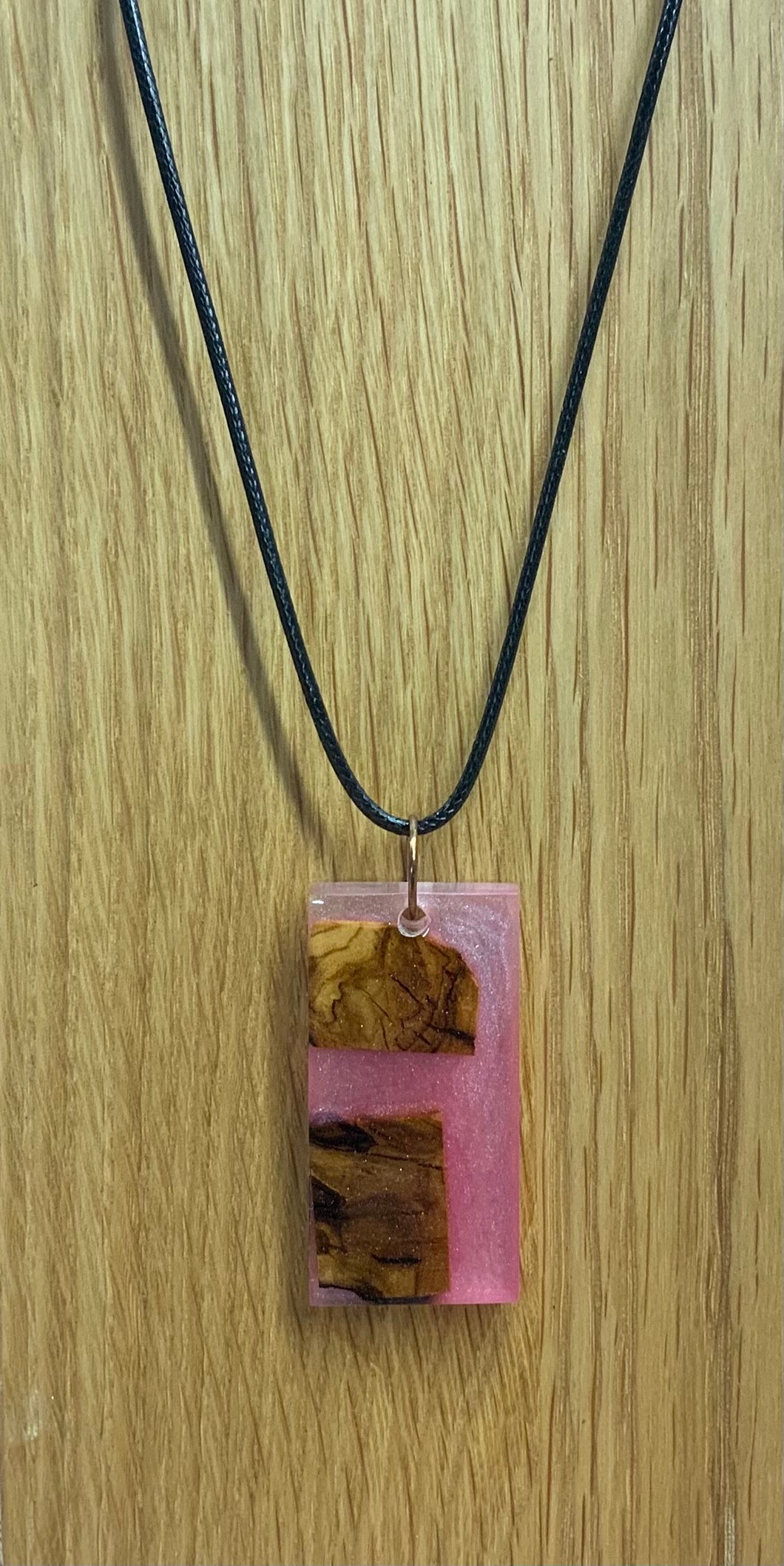 Rectangular Pink Resin & Dark Wood Necklace