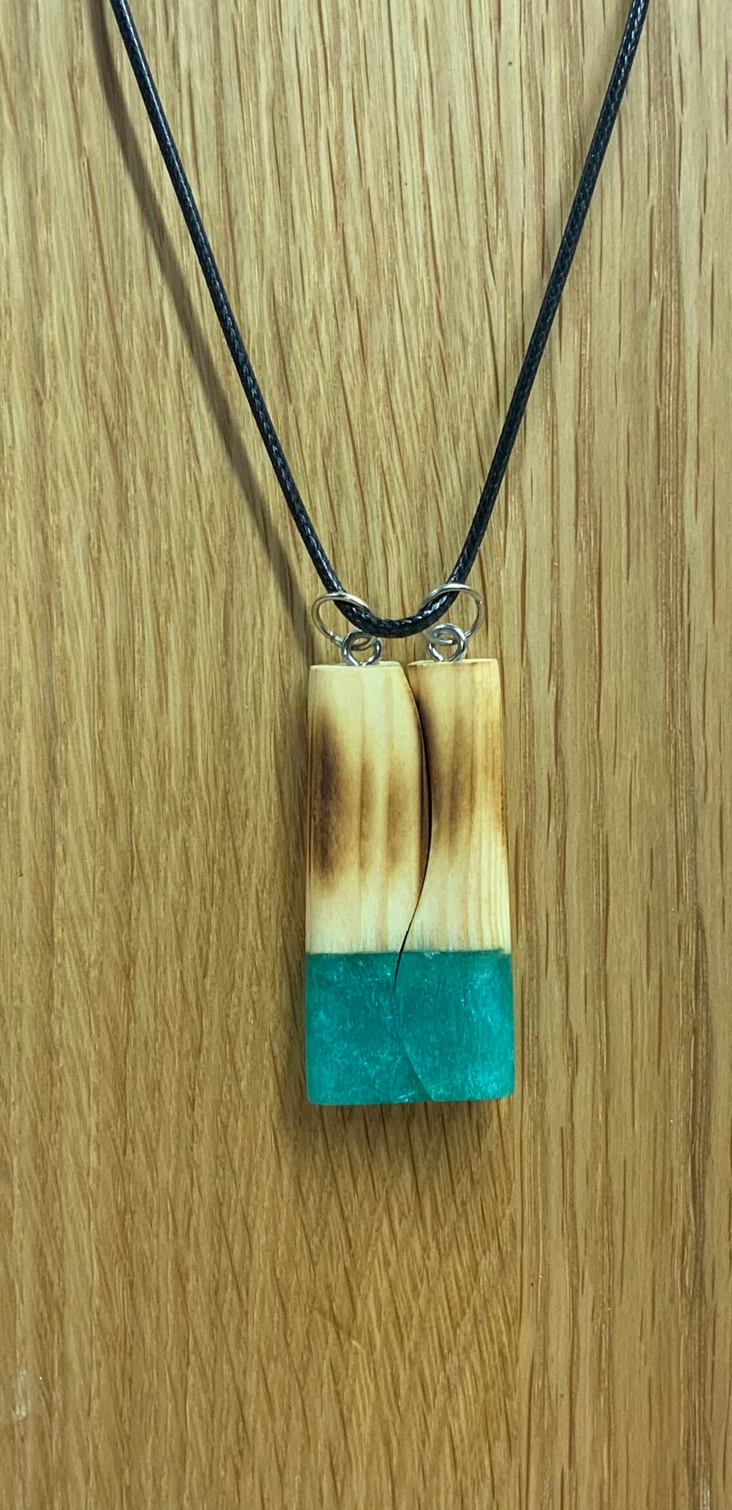 Rectangular Green Resin & Burned  Wood Necklace